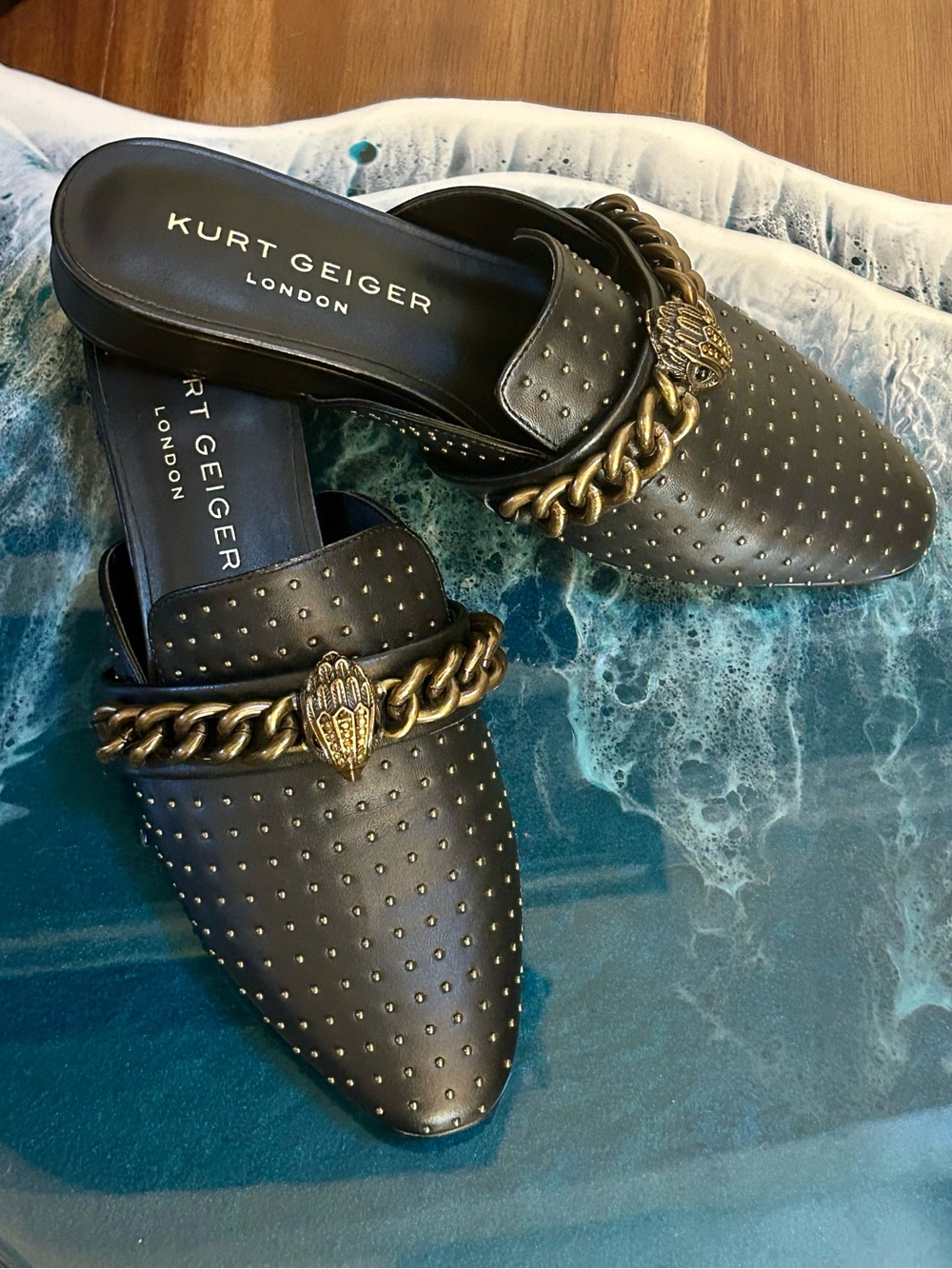 Kurt Keiger Chelsea Mules Black Leather Flats Size 5.5 US.